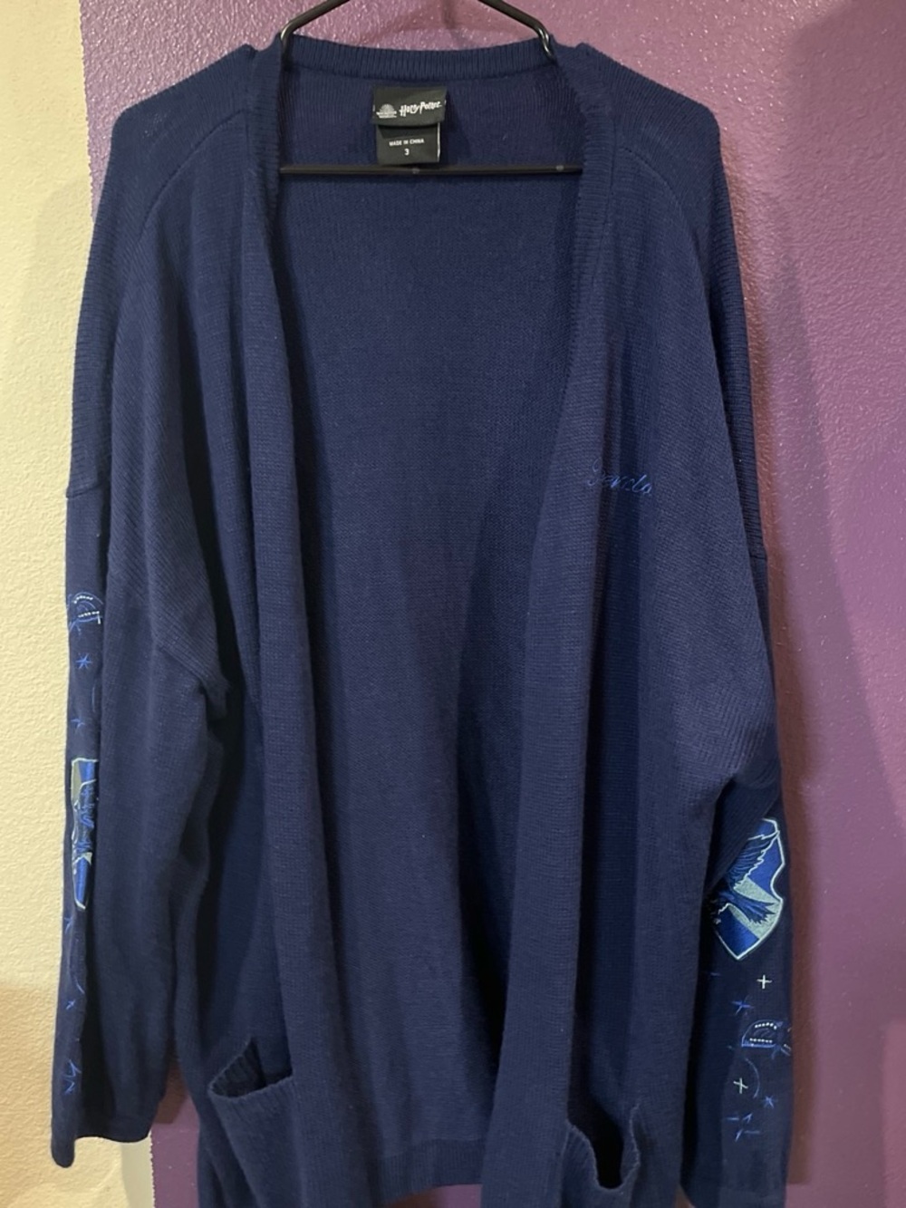 Navy Open-Front Women's Cardigan with Sleeve Graphics